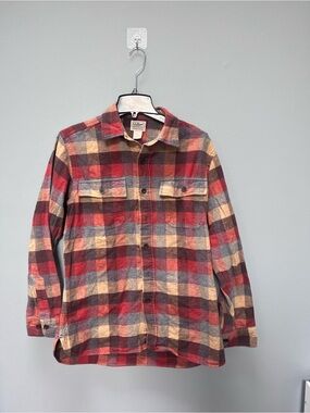 Vintage L.L. Bean Red Tan Gray Plaid Flannel Shirt Jacket